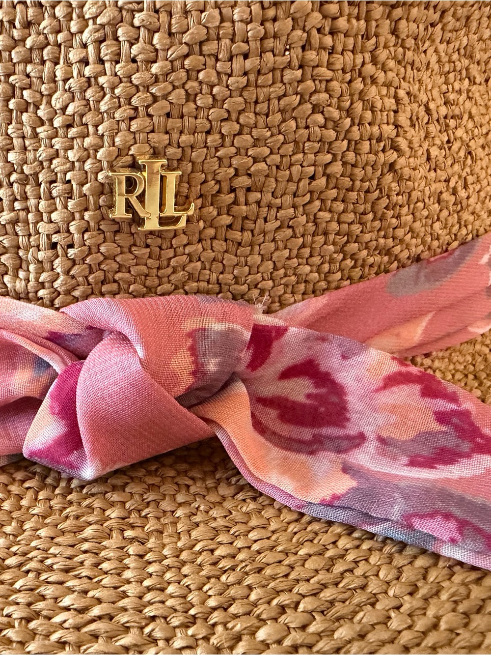 Ralph Lauren Straw Hat with Pink Floral Scarf Trim - Picture 3 of 7